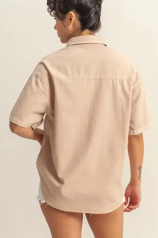 HYFVE Short Sleeve Button Down Oversized Shirt for Women - Love Salve